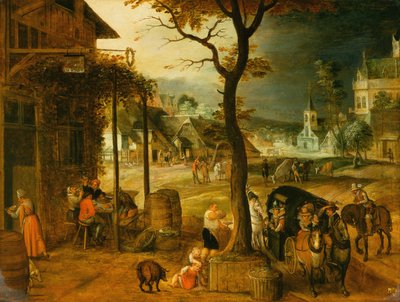 Village avec voyageurs prenant des rafraîchissements à une auberge - Sebastian (follower of) Vrancx