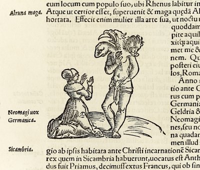 Une sorcière invoque un démon à trois têtes, de l