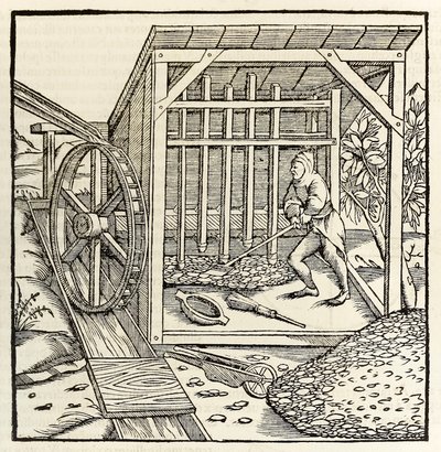 Exploitation minière avec roue hydraulique, de l