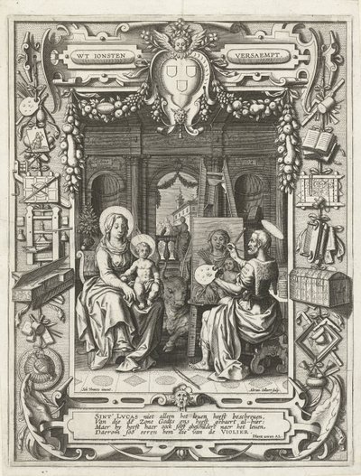 Blason de la guilde de Saint-Luc avec Saint-Luc peignant la Vierge à l