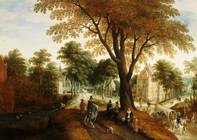Cavaliers élégants et figures sur un chemin devant un château - Sebastian Vrancx