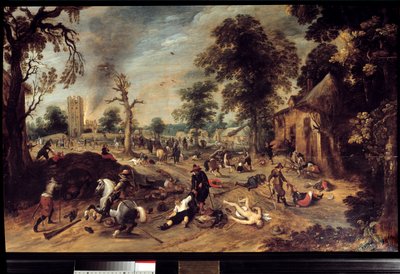Pillage dans un village. Un groupe de cavaliers pille et massacre les habitants d