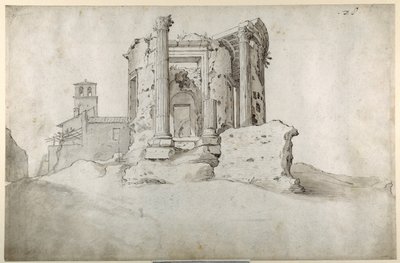 Ruines du temple de la Sibylle Tiburtine à Tivoli (encre brune et lavis gris brun sur papier blanc) - Sebastian Vrancx