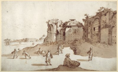 Jeunes hommes jouant à la pelote dans les thermes de Dioclétien; S. Bernardino au loin; le long mur de Bellaiani - Sebastian Vrancx