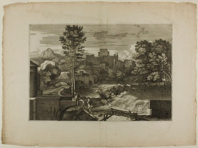 Cascade à un pont de pierre, avec château au loin - Sébastien Bourdon