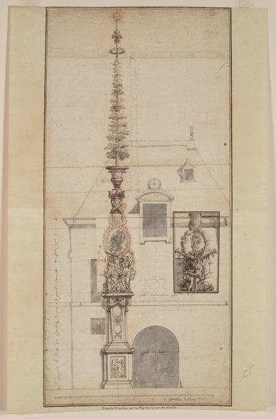 Projet de Mai des Gobelins permanent (recto) (craie noire, craie rouge, plume et encre noire et brune, lavis gris, sur deux feuilles jointes) - Sebastien I Le Clerc