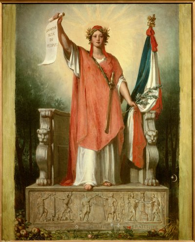 La république. Personnification de la République (Marianne) portant un parchemin sur lequel est écrit « souveraineté du peuple » et le drapeau tricolore - Sebastien Melchior Cornu