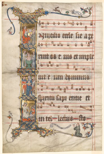 Feuille du Graduel de Wettingen : Initiale historiée (I) avec des scènes de la vie de Saint Augustin - Second Master of the Wettinger Gradual
