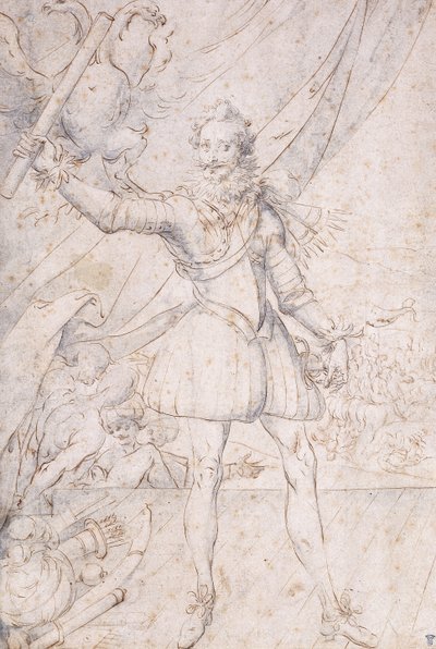 Le Roi Henri IV, en pied, un trophée des armes ottomanes à ses pieds, levant un parchemin devant un aigle - Second School of Fountainebleau