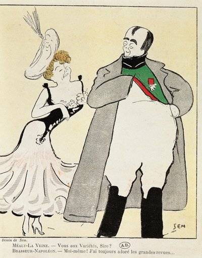 Acteur Albert Brasseur en Napoléon dans Madame Sans-Gêne, par Victorien Sardou, caricature de 1893 - Sem
