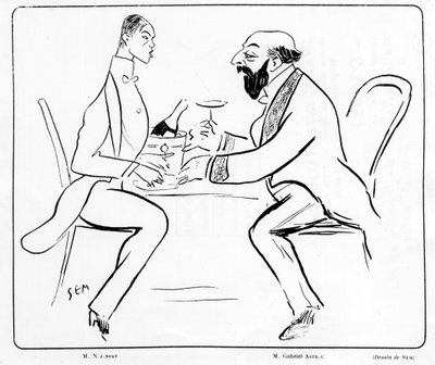 Caricature de Nijuisky et Gabriel Astri dans un café, dessin de Sem (1863 - 1934) - Sem