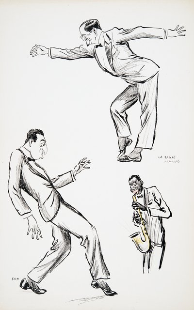 Deux gentlemen en cravate noire exécutent La Danse Havas au son du saxophone, de White Bottoms, pub. 1927 - Sem