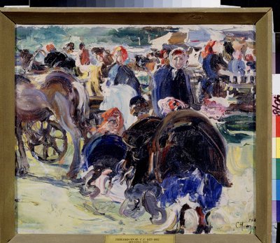 Une foire. Place de marché en province avec des paysannes et des commerçants. Peinture de Semyon Gavrilovich Nikiforov (1877-1912) - Semen Gavriilovich Nikiforov