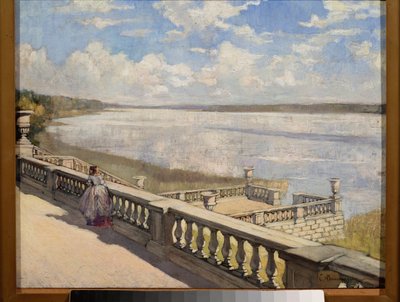 Journée ensoleillée, une femme à la balustrade - Sergei Arsenevich Vinogradov