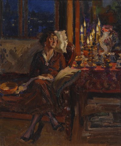 Dame avec un Livre dans un Intérieur - Sergei Arsenevich Vinogradov
