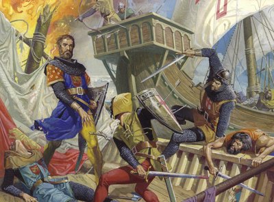 Marco Polo capturé par le Génois, 20e siècle (gouache sur papier) - Severino Baraldi