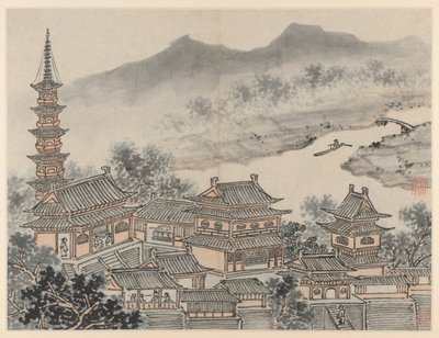 Douze Vues de la Colline du Tigre, Suzhou : Le Hall des Mille Bouddhas et la Pagode du Monastère de la « Falaise Nuageuse » - Shen Zhou