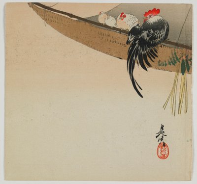 Poules perchées sur une voile, époque Meiji, fin du 19e siècle - Shibata Zeshin