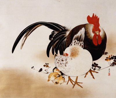 Parchemin suspendu représentant un coq, une poule et des poussins - Shibata Zeshin