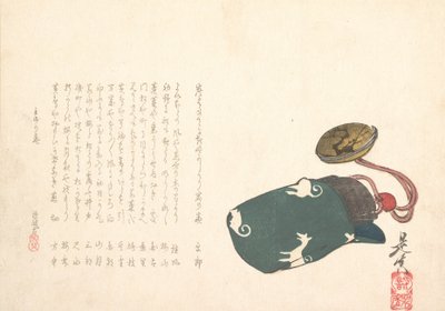 Inro partiellement dans un sac vert avec motif de renards blancs, année du chien 1862 - Shibata Zeshin