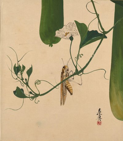 Peintures laquées de divers sujets : Sauterelle sur une vigne de gourde, 1882 - Shibata Zeshin