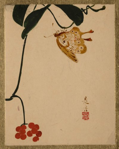 Plante à baies rouges et papillon - Shibata Zeshin