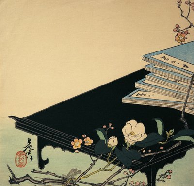 Pile de livres et fleurs de prunier sur une table - Shibata Zeshin