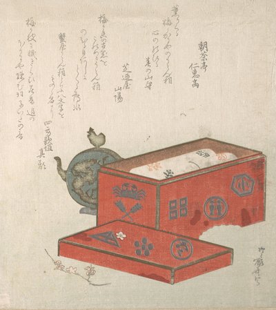Boîte en laque rouge et pot à eau, 19e siècle - Shinsai
