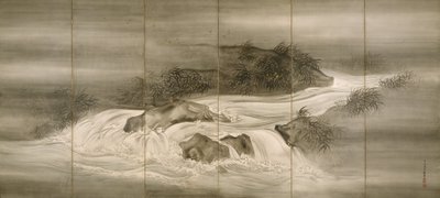 Paysage fluvial avec lucioles - Shiokawa Bunrin