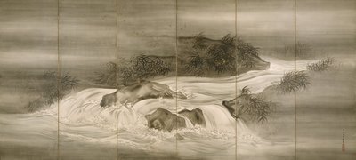 Paysage fluvial avec lucioles, 1874 - Shiokawa Bunrin