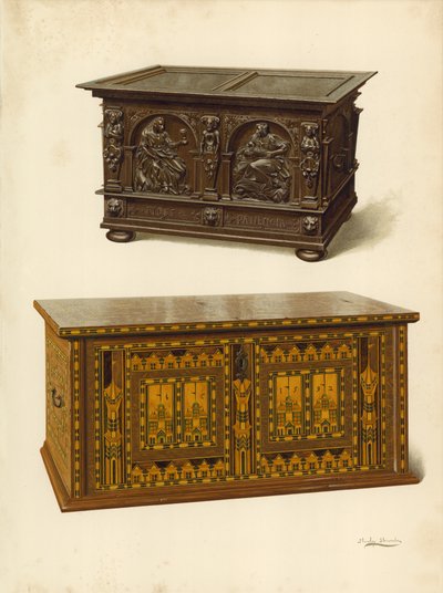 Coffre en chêne, propriété de Seymour Lucas; Coffre Nonesuch en chêne incrusté (chromolithographie) - Shirley Charles Llewellyn Slocombe