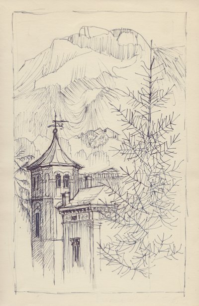 Église et montagnes, Italie, vers 1950 - Shirley Markham