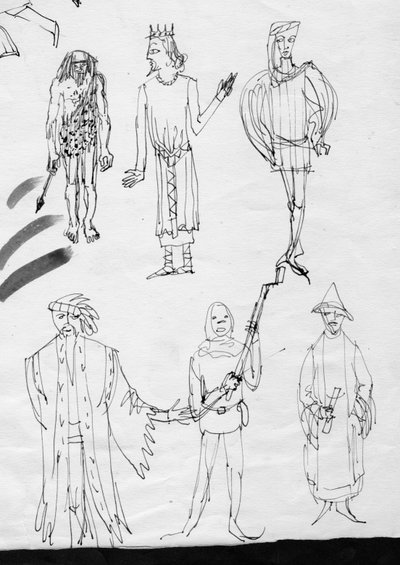 Page de croquis, personnes en costume d