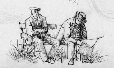 Deux hommes sur un banc, vers 1950 - Shirley Markham