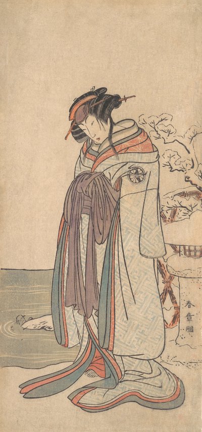 Le troisième Segawa Kikunojo en courtisane debout dans la neige - Shunsho