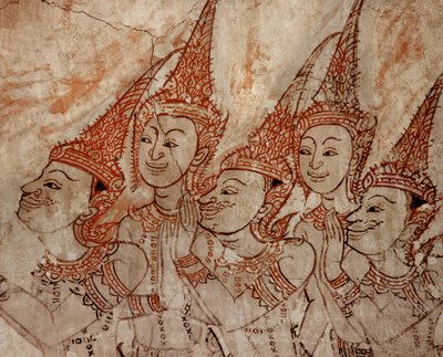 (détail) peintures murales montrant des divinités célestes datant de la fin de la période Ayutthaya - Siamese School