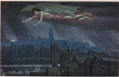 Lucifer volant au-dessus de la ville. 