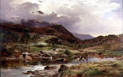 Scène de rivière montagneuse avec du bétail au premier plan - Sidney Richard Percy