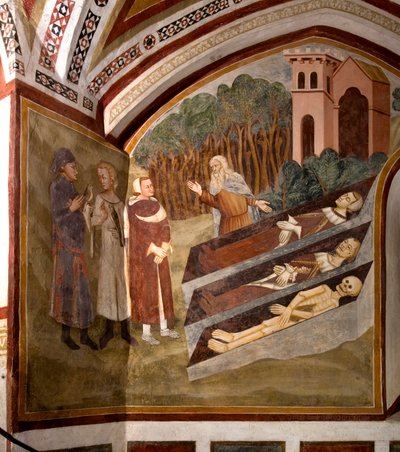 La Rencontre des Trois Vifs et des Trois Morts (ou Dict) Les trois vivants et un ermite devant les trois cercueils présentant des cadavres à différents stades de décomposition. Détail d