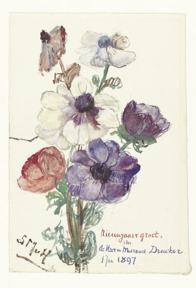 Carte de vœux du Nouvel An avec des anémones - Sientje Mesdag van Houten