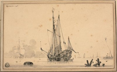 Scène de port avec des navires au repos et des pieux - Sieuwert van der Meulen