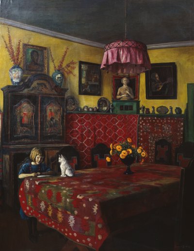 Intérieur avec fille et chat - Sigmund Sinding