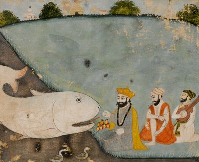 Guru Nanak avec Bala, Mardana et le grand poisson (Vishnu en Matsyavatara) - Sikh School