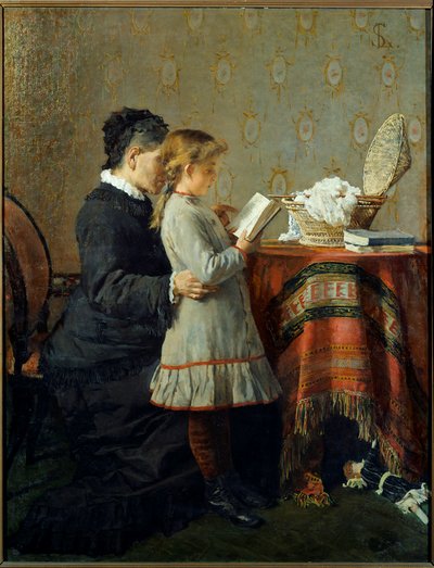 Leçon de lecture. Une nourrice apprend à lire à une petite fille. Peinture de Silvestro Lega (1826-1895) Éc. italienne - Silvestro Lega