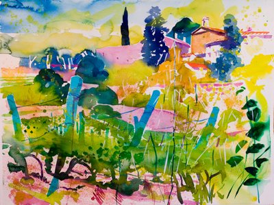 Un temple et des vignes (aquarelle sur papier) - Simon Fletcher