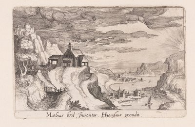 Paysage avec une vallée fluviale et une église sur une colline, tiré de Topographia Variarum Regionum - Simon Frisius