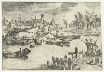 Paysage fluvial avec une ville en arrière-plan - Simon Frisius