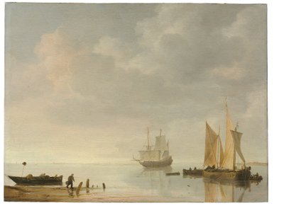 Scène côtière avec des navires au repos sur des eaux calmes - Simon Jacobsz. Vlieger