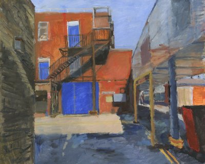 Bâtiment avec 3 portes bleues, 2024 (acrylique sur toile) - Simon Neville