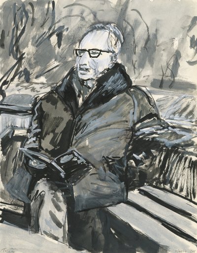 Homme lisant un livre, 2019 (encre et peinture acrylique sur papier) - Simon Neville